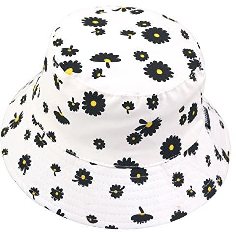 VECRY Damen Baumwolle Reversibel Bucket Hat Irre Fischmenschen Outdoor-Kappe Faltbar Sommer Strand Hüte (M,Blumen-Weiß)