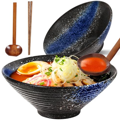 Sosayet Ramen Bowl De Cerámica, 2 Juegos Tazón de Ramen Japonés con Palillos y Cuchara, Tazones de Sopa de Fideos para Ensalada de Frutas, Verduras, Fideos, 1000 ml, 20 x 20 x 8 cm