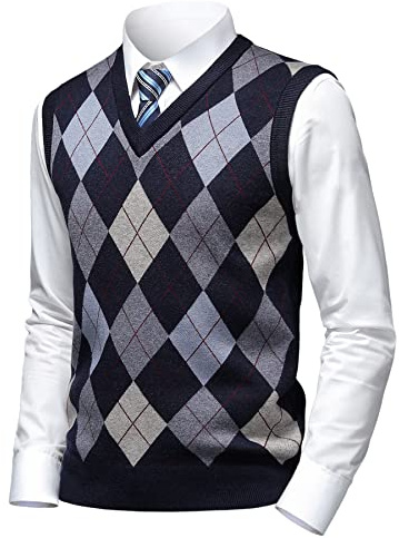 Herothorn Chaleco de Punto para Hombre Argyle Suéter Cárdigan sin Mangas Jersey con Botón Gentleman Clásico Grueso Tank Tops con Cuello en V Otoño Invierno