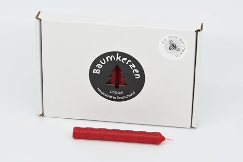 Premium Baumkerzen 12 Stück aus 100% EU Bienenwachs Honigwaben Muster farbig Christbaumkerzen (Rot)
