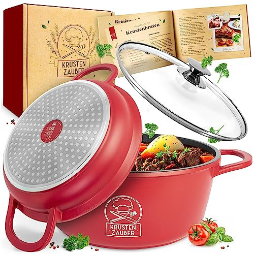 KRUSTENZAUBER 24cm Aluguss Bräter mit Deckel backofengeeignet [inkl. Glasdeckel] - 4L Aluminium Schmortopf & Bratpfanne - Idealer Bräter Induktion, Schmorpfanne, Bratentopf, Gussbräter, Kasserolle