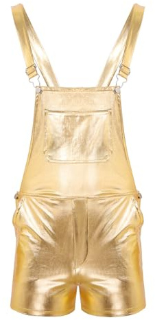 RUNQHUI Mens Metallic Dungaree Shiny Bib Overalls Suspender Straps Shorts for Nightclub Party Costume Clubwear