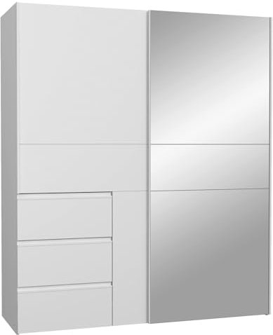 FORTE WINN 2 Schrank, weißer Kleiderschrank mit Spiegeltür, Schlafzimmerschrank, Schwebetürenschrank Weiß mit Schubladen & Spiegel, 170 cm breit x 200 cm hoch x 61,2 cm tief