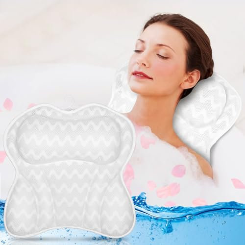 ULTRGEE Almohada de Baño, Almohada para el Cuello con Malla de Aire 4D y Almohada para Bañera con 6 Ventosas para SPA en Casa, Accesorios de Baño Ergonómicos Que Soportan la Cabeza (Blanco)