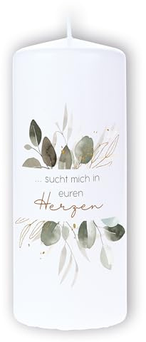 DOLORINO Trauerkerze mit Spruch ...sucht mich in euren Herzen | liebevolles Symbol des Trostes | made in Germany | 120 Std. Brenndauer | 8x20cm