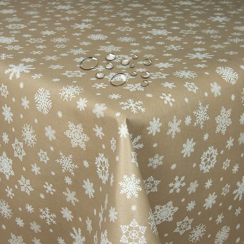 Wachstuch Wachstischdecke Tischdecke Weihnachtstischdecke Größe wählbar Weihnachten Schneeflocken Beige Eckig 120 x 120 cm abwaschbar