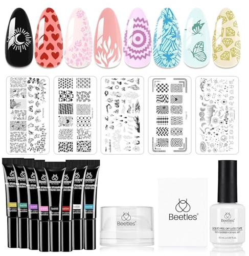 Beetles Nail Stamp Gel 16Pcs French Tip Nail Stamp Kit with 8 Colors Stamper Gel Polish, 5 Nail Stamping Templates, Scrapers, Liquid Latex & Short Silicone Stamper Gift for Women