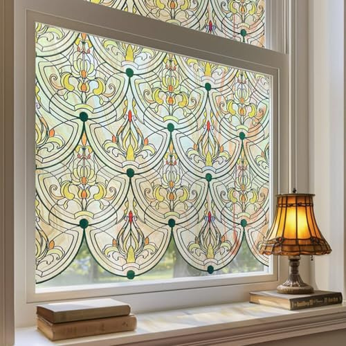 3D Stained Glass Window Film, Decorative Window Privacy Film for Bathroom,Front Door,Home, Sun Blocking Heat Control,Static Cling, Golden Ironwork 23.6inch x 70.8inch