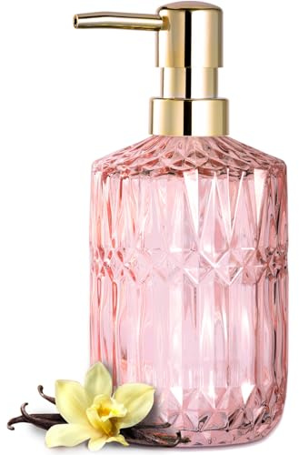 EMPO Distributeur de Savon en Verre Transparent avec Pompe en Plastique ABS - Distributeur de Lotion en Cristal pour évier de Cuisine, Salle de Bain (Rose Clair)
