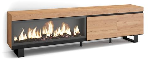 Skraut Home | TV-Schrank, Lowboard | für Wohnzimmer und Esszimmer | 210 | Für TV-Geräte bis zu 80 | Elektrokamin XXL | Industriedesign | Moderner Stil | Eiche