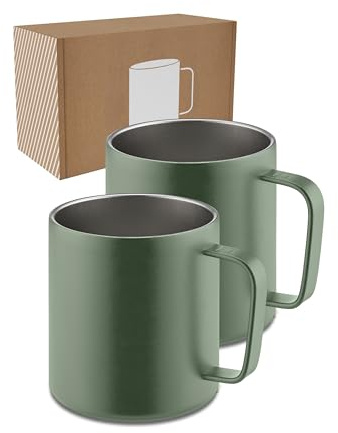 LAMBDA COFFEE® rostfritt stål kopp 2 x 360 ml termosmugg med handtag I kaffekopp dubbelväggig isolerad I koppset för camping och utomhus I termokaffemugg (grön)