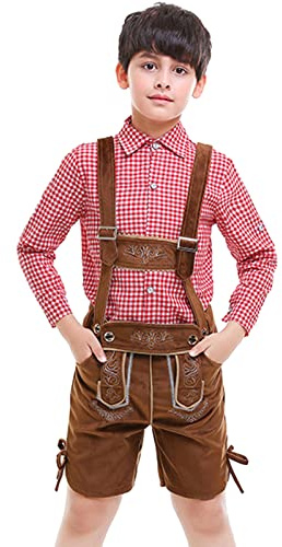 Lederhose Jungen Tracht, Trachtenhose Jungen Kurz,Trachtenlederhose Jungen mit Karierte Trachtenhemd Hosenträger Trachten Hose Kinder Kurze Trachtenlederhosen für Oktoberfest Bayerische Outfit