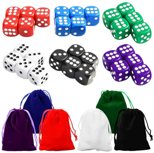 30 Stück Würfel Bunt Set,Würfelset 6-Seitig,Farben Würfel Set mit 6 Samtbeuteln,16 mm,Würfel für Würfelspiele Tischspiele,6 Farben,Verscheide Bunte Würfeln Für Party Aktivitäten