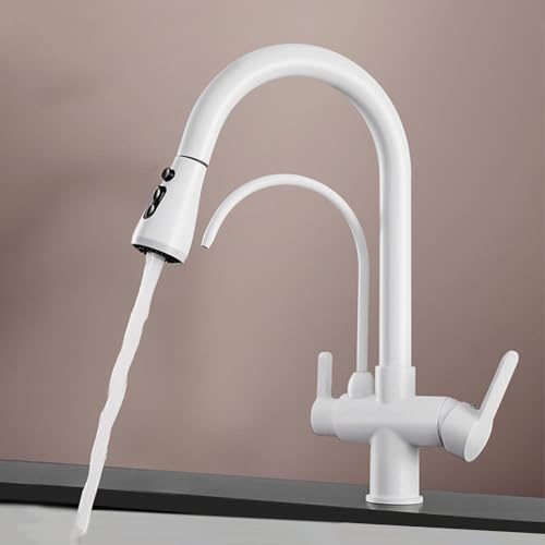 Rubinetto da Cucina a 3 vie Girevole 360° Miscelatore per Depuratore Acqua Lavello con Doccetta Estraibile,Bianco