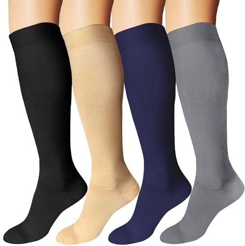 DDOBB 4 Paar Kompressionsstrümpfe Damen und Herren Stützstrümpfe Kompressionssocken Stützsocken Reisestrümpfe für Flug Sport Running Radsport(Schwarz+Hautfarbe+Navy+Grau, L-XL)