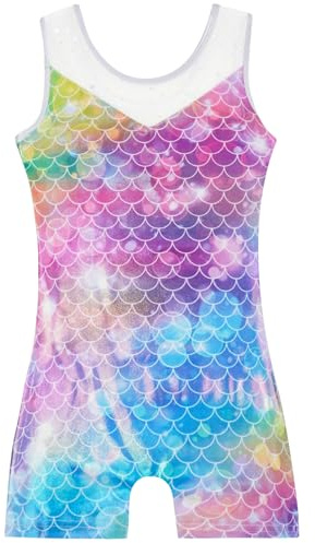 Gogokids gymnastiktröjor för flickor, ärmlös gymnastik-unitard för flickor med gradient paljettdesign och elastiskt material, barngymnastikdräkt med raka ben i 3–12 år, rosa skalor, 100(90-100