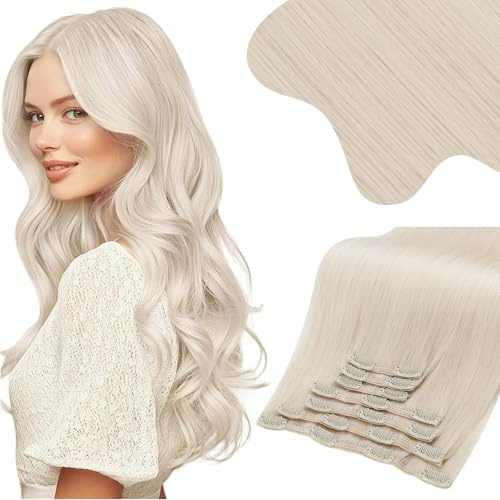 Moresoo Hårförlängningsklämma av äkta hår, blond, 60 cm, 120 g, för långt hårklipp i äkta hår, förlängningar, platinablond #60 A, äkta hår, clip in Extensions, Remy hår, 7 stycken