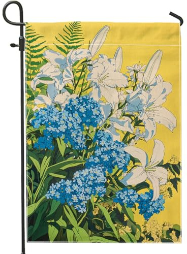 Frühlingssommer-Gartenflagge, leuchtend gelbe Lilie und blaue Blume, Heimdekoration, Hofbanner, doppelseitige Jute, Outdoor-Rasendekoration, saisonale Party-Dekoration, 30,5 x 45,7 cm