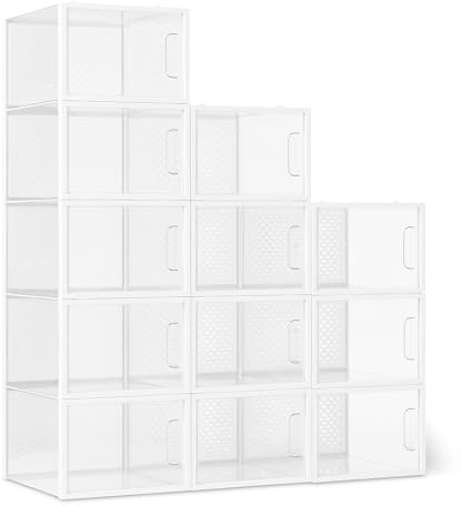 Amazon Basics Stackable and Foldable Clear Shoe Storage Organizer Box, Large, Pack of 12