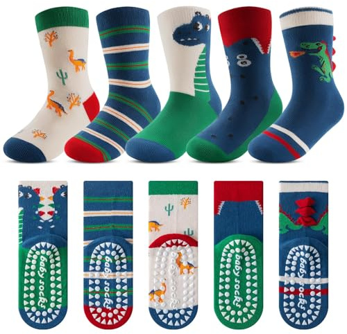 Kyopp 5 pares de calcetines antideslizantes para niños y niñas, calcetines ABS de algodón con motivos de animales, 4-6 años
