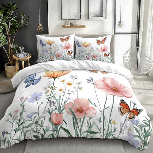CozyRest Kinder Bettwäsche Set 100 x 135 cm, Aquarell-Blumen Schmetterlinge Bettbezug Set 2 Teilig, Weiche Microfaser Wende Bettwäsche mit Reißverschluss und 1 x 40x60cm Kissenbezüge