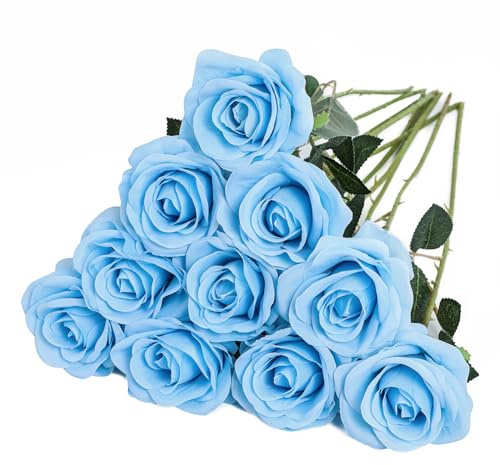 10 Stück Künstliche Rosen Fake Seidenrose für Hochzeits und Heim Dekor | Himmelblau Langer Stiel Realistische Rosen 54cm Schaumrosen für DIY Bastelblumen Hochzeits Brautsträuße, Arrangements Dekor