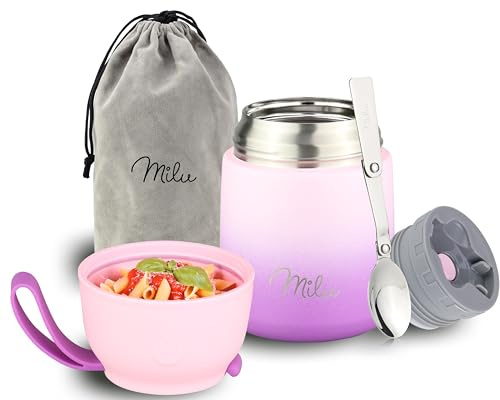 Milu® Thermobehälter für Essen 450ml, Edelstahl, Thermo Lunchbox, Suppenbehälter to go, Thermobox, Thermodose zum Warmhalten Suppen, Babybrei, Speisebehälter, breiwärmer unterwegs, Rosa Violett 450ml