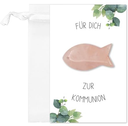 FloraVigo kommunion geschenk, Kommuniongeschenk für Jungen und Mädchen, Mit dabei ist ein 3,8 cm großer Kristallachatfisch als Glücksbringer zur Kommunion
