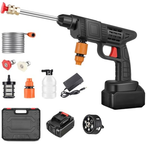 Nettoyeur Haute Pression sans Fil Portable Max 90 Bar avec Buse Multi-pulvérisation 6 en 1, Tuyau de 5M, Lance D'extension, Outil de Nettoyage de Voiture en Plein Air pour Jardin