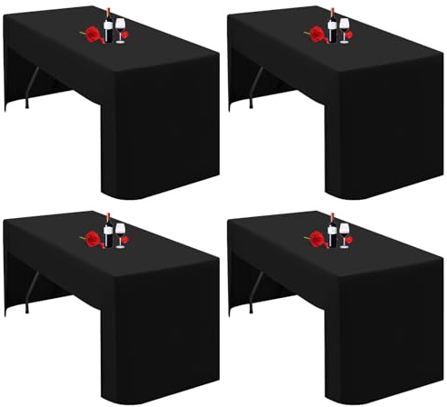 Lumaycens Paquete de 4 Manteles Negros con Respaldo Abierto Mantel Ajustado para Mesa Plegable de 1,8m Tela de Poliéster Lavable Mantel Negro Cubierta de Mesa para Exposiciones Comerciales Ferias de