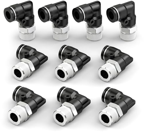 ERGAOBOY 10 piezas de accesorios de conexión rápida neumáticos con tubo de 6 mm de diámetro exterior x rosca BSP de 1/8, codo macho de 90 grados, negro