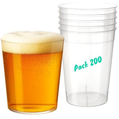Sanjoma Chemical Solutions Pack 200 de Vasos Reutilizables 330 ml Media Pinta – Plástico PS Transparente – Resistentes y Apilables para Fiestas, Eventos y Cerveza