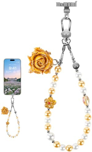 memumi Cordino per Telefono con Perle Artificiali - Elegante Cordino per Cellulare con Rosa in Resina, Collana Portatile per Cellulare, Accessorio Fashion per Donne