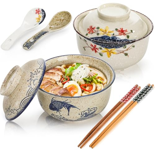 Nagpew 2 Pieces Ceramic Ramen Bowls, 25 Oz Large Soup Bowl with Lid, Spoon, Chopstick, Hand-painted Japanese Tableware for Noodles, Salad, Rice, Microwave Dishwasher safe
