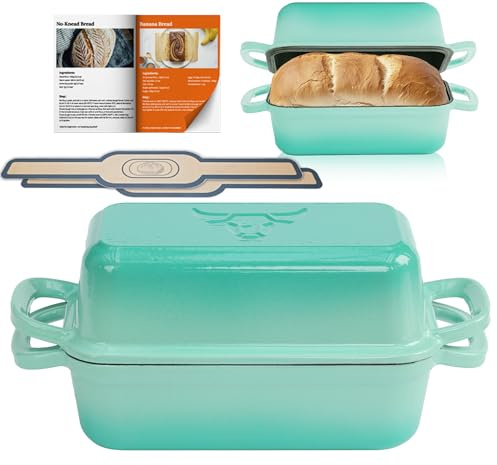 Brotbackform aus Gusseisen mit Deckel, Gusseisen Topf Brot Backen mit 2 Brotmatten Silikon, Emaille Brotbackform für Sauerteig, Robuste Brotbackformen zum Brotbacken im Ofen,Formen für Brotlaibe(BLUE)