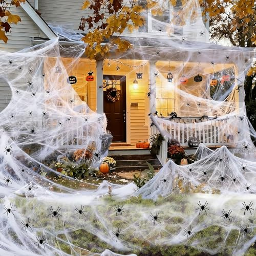 Halloween Spider Web Decoration,300/500g Cobwebs Halloween Decorations with Small Spiders Web Stretchable Cobweb for Halloween Indoor Outdoor Decorations (300g 50pcs Fake Spiders)