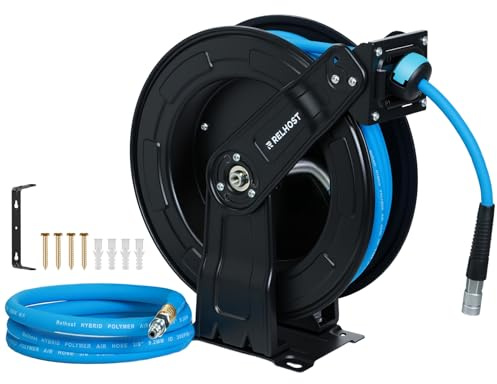 Retractable Air Hose Reel, 50ft x 3/8in Hybrid Air Hose (300PSI), Heavy Duty Compressor Hose Reel with Dual Arms, Auto Rewind & 180° Swivel - Wall/Ceiling Mount for Workshops
