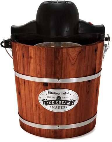 Elite Gourmet EIM418 Old Fashioned 4 Quart Vintage Walnut Wood Bucket, Electric Ice Cream Maker Machine, Uses Ice and Rock Salt Churns Ice Cream in Minutes