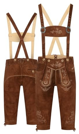 STEIGENHÖFER Lederhose Herren Tracht Kniebund - Alexander - Trachtenhose mit Trägern - 100% Rindsleder - Traditionelle Echtlederhose - Ideal für Dein Oktoberfest Herren Outfit - Braun - 58
