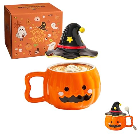 Halloween Kürbis Tasse, Niedliche Keramik Kürbistasse, Halloween Tasse Kürbis mit Hexenhut Deckel, Orangefarbene Cartoon Pumpkin Mug, Neuheitsgeschenk Für Familie und Freunde 350ml (A)