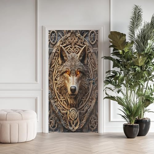 Wiking Keltischer Knoten Türaufkleber, Relief Wolf Türfolie Selbstklebende Fototapete 85x200 cm, Vintage Holzmaserung Türposter Abnehmbar Türfolie PVC Für Tür Schlafzimmer Badezimmer Türaufkleber
