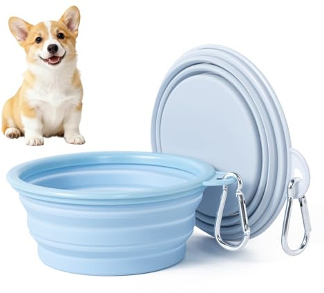 2 Pièces Bol Pliant en Silicone pour Chien, Les Couleurs de Macarons Gamelle Pliable Bol d'eau en pour Chien, Convient pour Marcher, randonnée, Camping (Bleu +Gris, 350ml)