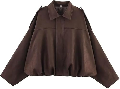 Generisch Wildlederjacke Damen Kurz – Oversized Bomberjacke aus Kunstwildleder mit Fleece-Futter, Warme Streetwear Winterjacke für Herbst (DE/NL/SE/PL, Alphanumerisch, XL, Regular, Regular, Braun B)