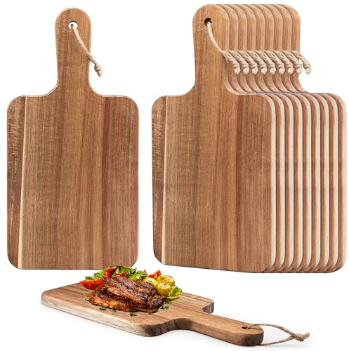 10er Set Akazienholz-Schneidebretter mit Griff, 20 x 15 cm Holzbrett Pizza | Kleine Servierbretter für Brot, Käse, Steak, Obst und Charcuterie – passend für Küche, Frühstück und Buffet