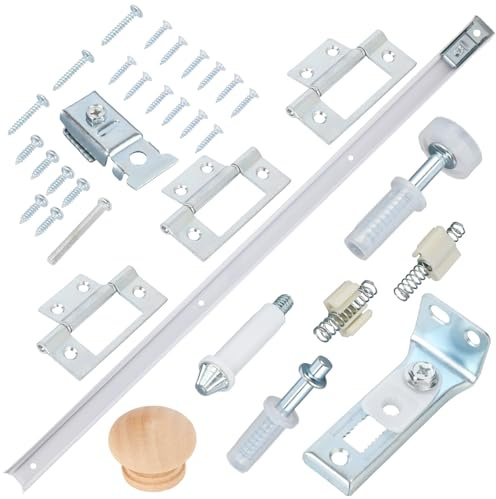 Réparation Porte Pliante, Quincaillerie pour Porte de Placard Pliante avec Rail 76cm Charnières Vis Poignée en Bois Tige à Ressort Pince à Ressort pour Chambre Cuisine et Salle Bain
