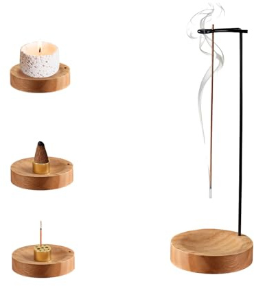 Räucherstäbchen Halter Beige aus Holz & Messing, 3-in-1 Halterung Räucherstäbchen mit Rundbasis und 9-Loch Einsatz, stilvoller Incense Holder für Erwachsene Meditation Yoga Wohnzimmer Schlafraum