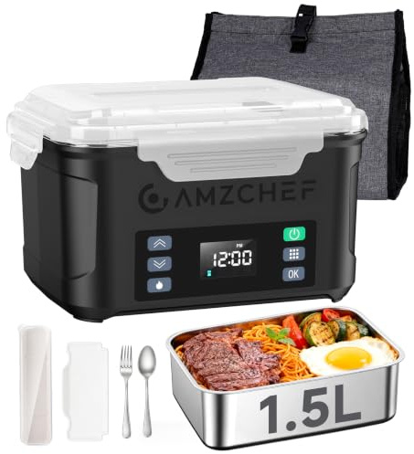 AMZCHEF 1.5L Elektrische Lunchbox 27000mAh, 5-seitiger Erwärmung(Schwarz) | Tragbare 1.5L Beheizbare Lunchbox mit Sofortiges Erhitzen, Uhrfunktion+Speicherfunktion, 3.5 Stunden Schnellladung