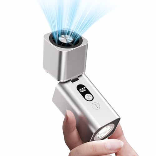kstime Titanlegierung Handventilator, ultrakompakt & leicht, integrierte Taschenlampe & SOS-Modus, stufenlose 100-Gang Steuerung, 25dB leiser BLDC-Motor, 90° klappbarer, USB-C Aufladung (Silber)