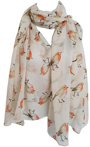 GlamLondon Damen-Schal mit Aquarell-Motiv Rotkehlchen, Weihnachtsschal Gr. 90, cremefarben