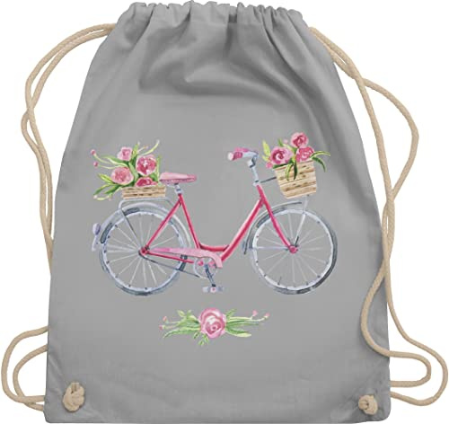 Turnbeutel Rucksack - Retro - Vintage Fahrrad mit Blumen I - Unisize - Hellgrau - radfahren geschenke kunst bike stoffrucksack geschenkideen für radfahrer art fahrrd beutelrucksäcke geschenk kind
